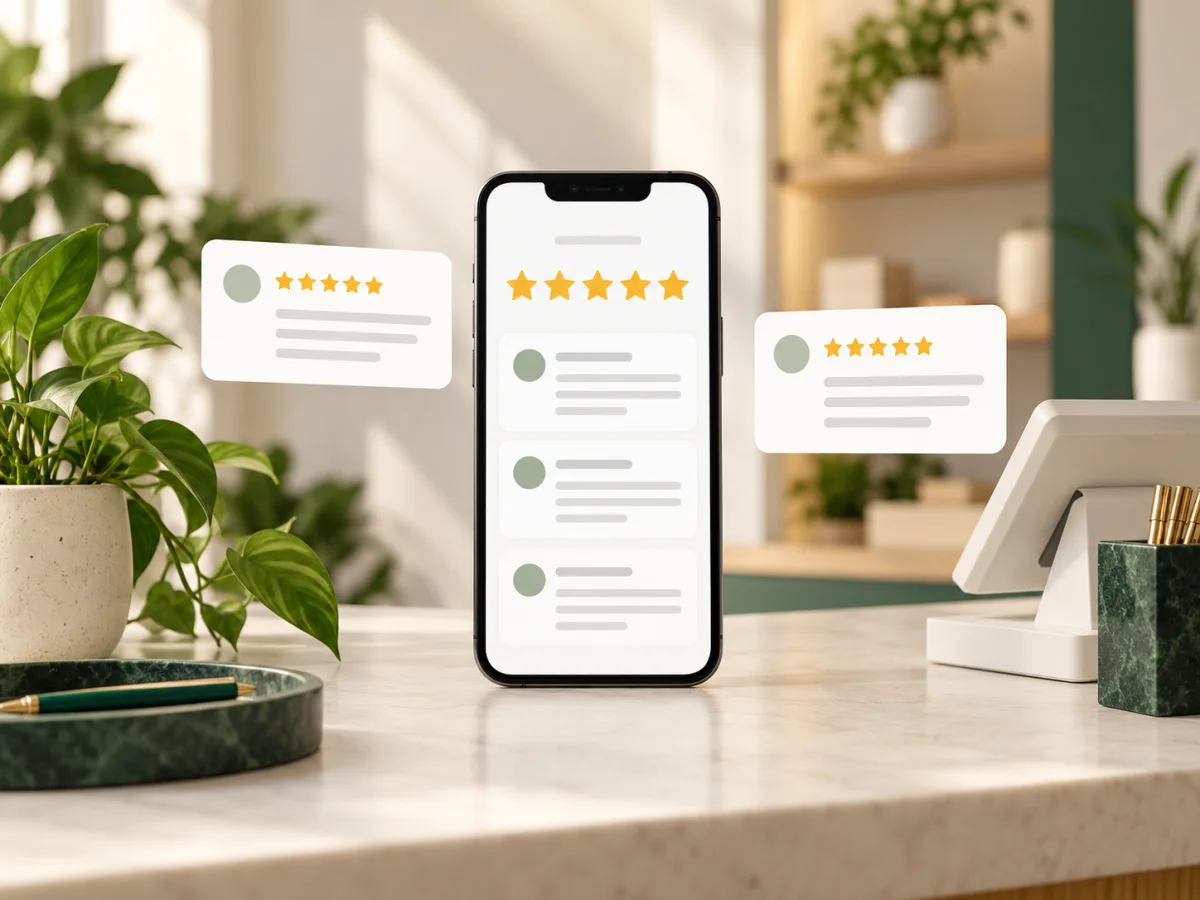 Phone showing 5-star customer reviews