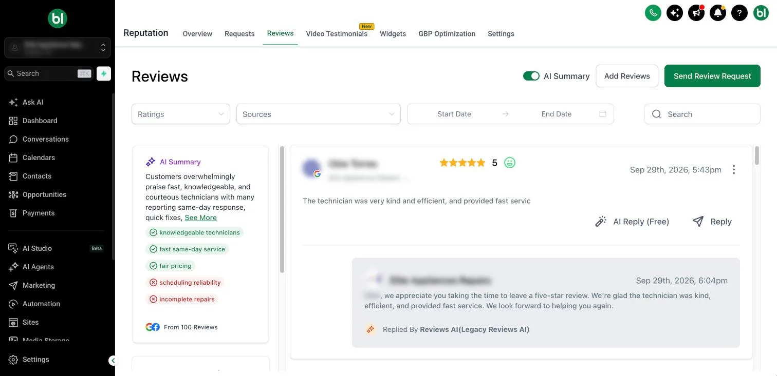 Reviews dashboard with AI summary and AI replies