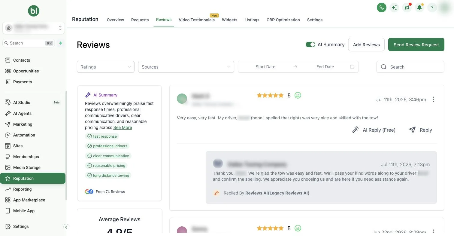 Reviews dashboard with AI summary and AI replies