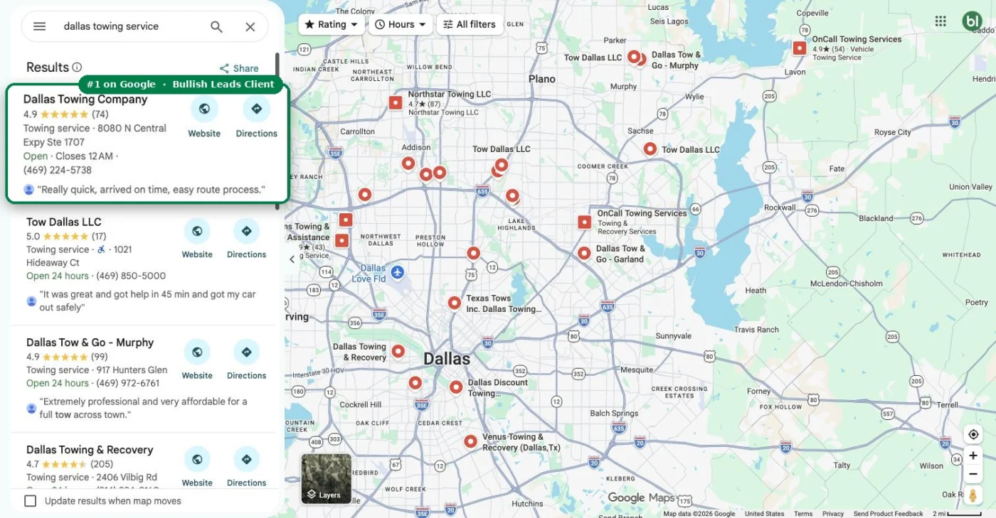Bullish Leads client ranked #1 in Google Maps results
