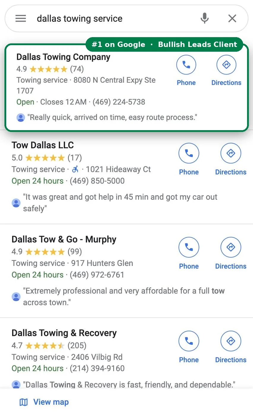 A Bullish Leads client ranking #1 in Google Maps results on a phone