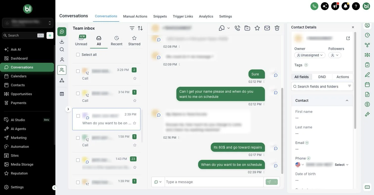 One Inbox showing texts and calls with a customer in one conversation