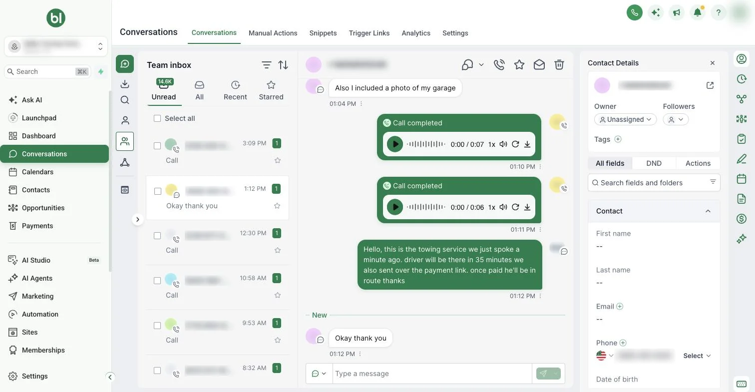 One Inbox showing texts and calls with a customer in one conversation