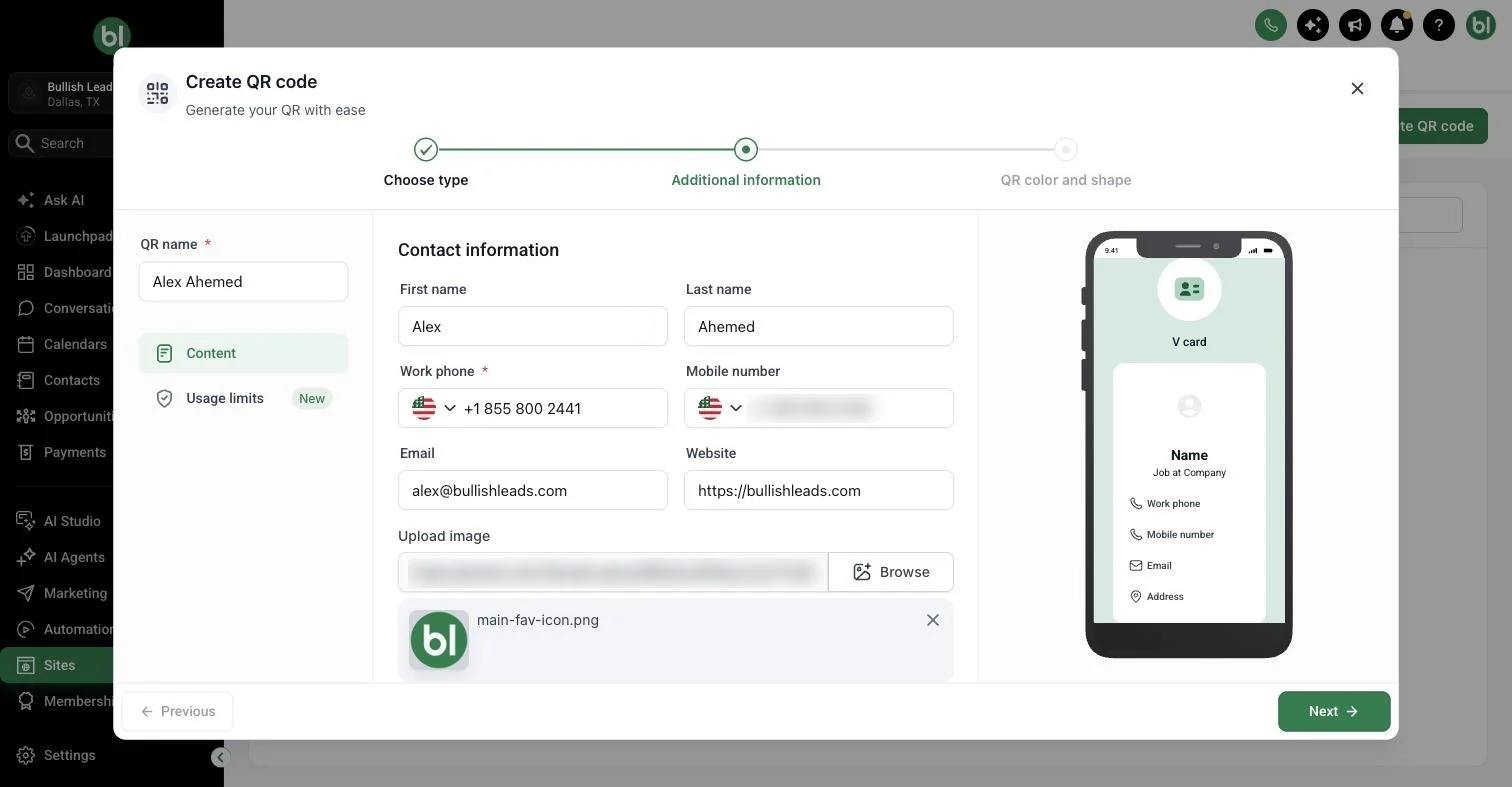 Creating a vCard QR code for a business card