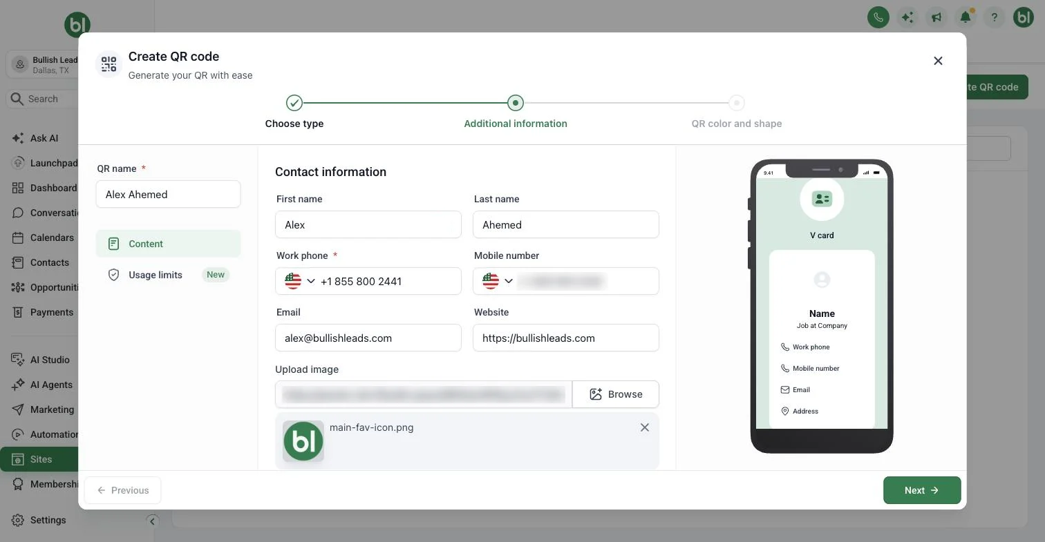 Creating a vCard QR code for a business card