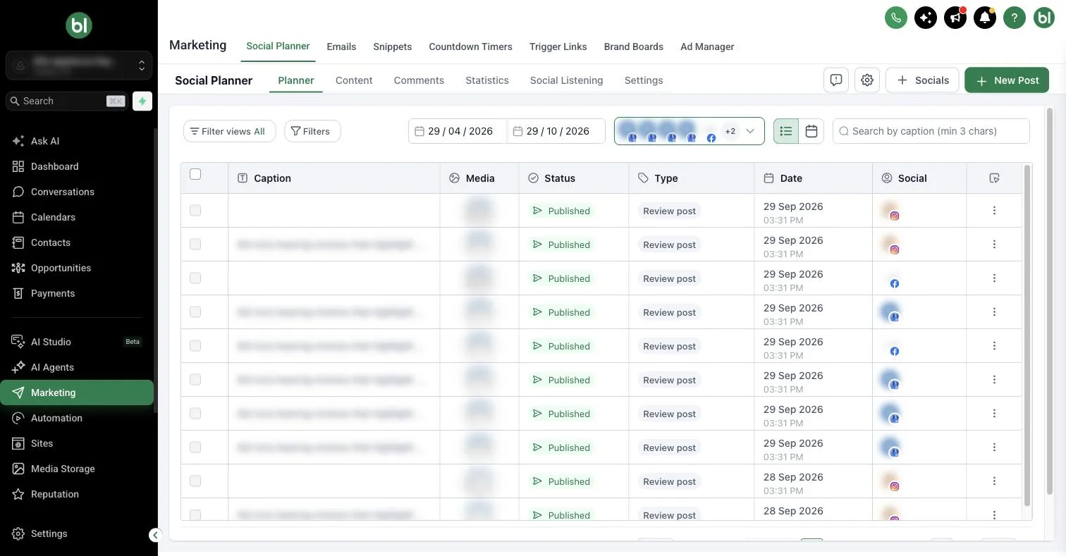 Marketing planner with posts published automatically